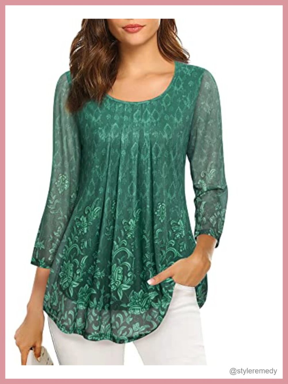 Women's 3/4 Sleeve Floral Tunic Top Pleated Mesh Layered Blouse